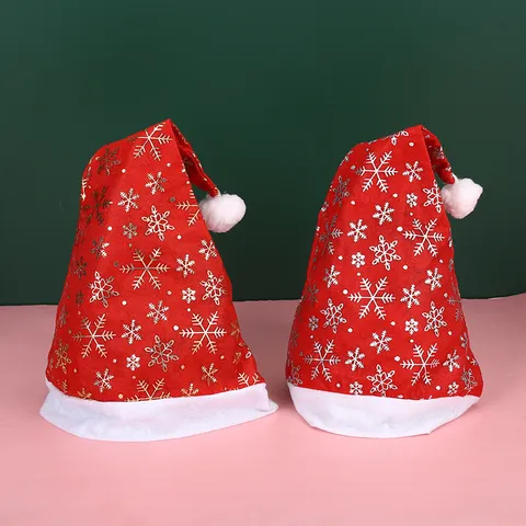 Cappello di Babbo Natale in Peluche Rosso Con Stampa di Fiocchi di Neve Oro Argento Pompon Accessori per Feste di Natale