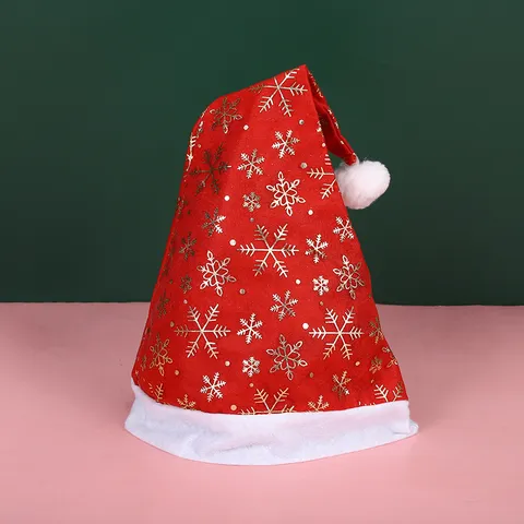 Cappello di Babbo Natale in Peluche Rosso Con Stampa di Fiocchi di Neve Oro Argento Pompon Accessori per Feste di Natale