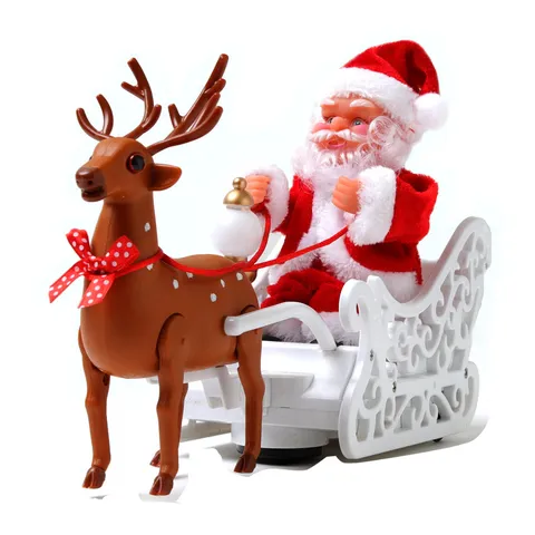 Electric Musical Santa Claus Reindeer Sleigh Toy Plastic Cartoon Ornament With Led Light For Home Christmas Party Decoration Kids Gift