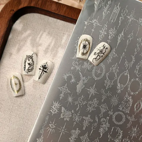 French Vintage Stainless Steel Nail Art Stamping Plate Gothic Cross Star Badge Relief Pattern Manicure Template Tools For Women