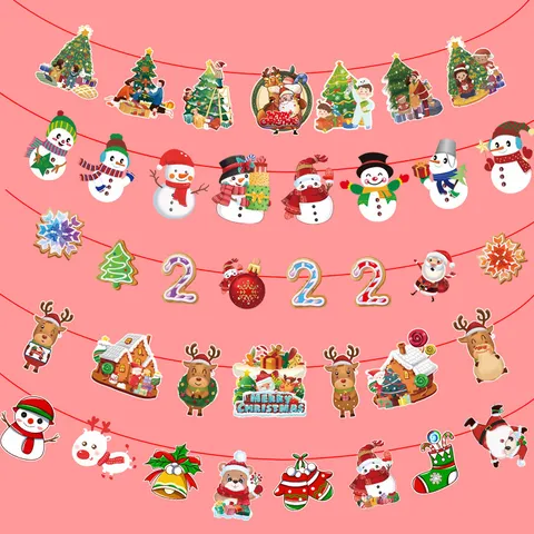 Cartoon Christmas Paper Banner Set Santa Claus Snowman Reindeer Pattern Festive Garland For Mall Home Party Scene Atmosphere Decoration Hanging Flag