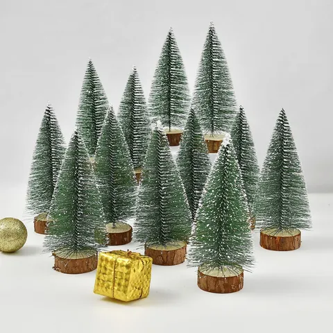 Mini Árbol de Navidad Nevado Con Base de Madera Natural Adorno de Escritorio de Agujas de Pino Decoración Navideña
