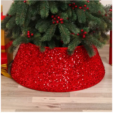 Christmas Tree Collar Sequin Tree Base Cover Decoration Round Square Hexagon Red Gold White Tree Skirt For Christmas Party Home Decor