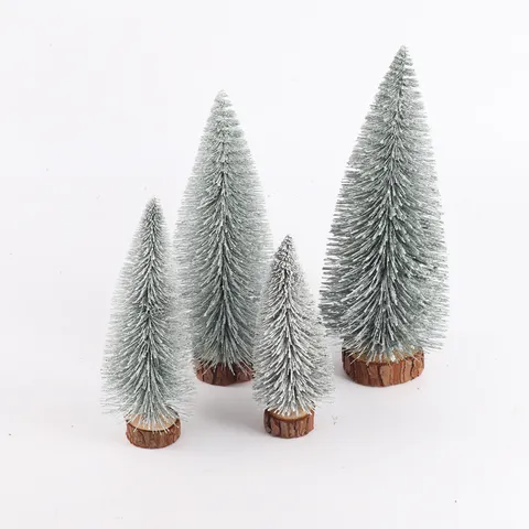Mini Árbol de Navidad de Sisal Adornos Aguja de Pino Artificial Flocada Árboles de Cepillo Con Base de Madera Mesa Navidad Fiesta Hogar Oficina Decoraciones
