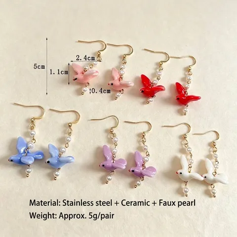 Mori Girl Stainless Steel Ceramic Bird Drop Earrings With Artificial Pearl Tassel Cute Pigeon Animal Ear Hook Jewelry For Women
