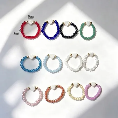 Fresh High End Shell Heart Glass Beaded Ring For Women Elastic Handmade Trendy Crystal Finger Ring Fashion Jewelry Accessory Gift