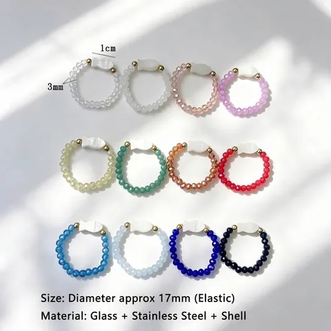 Handmade 12 Colors Lampwork Glass Beaded Stretch Ring With White Shell Fish Pendant Fashion Bohemian Jewelry Gift For Women