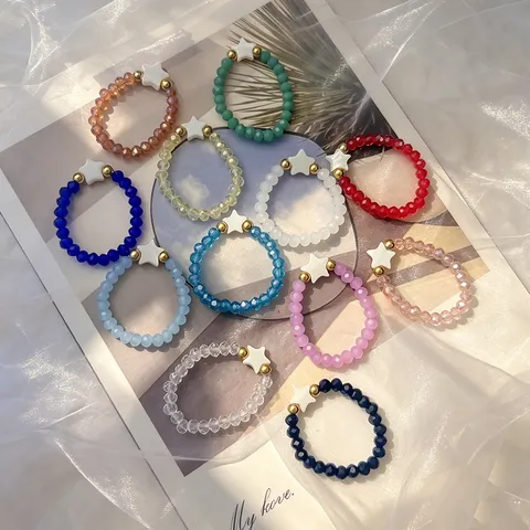 Bohemian Colored Glaze Glass Beaded Elastic Ring For Women Handmade Star Shell Stainless Steel Beads Pentagram Ring Jewelry Gift
