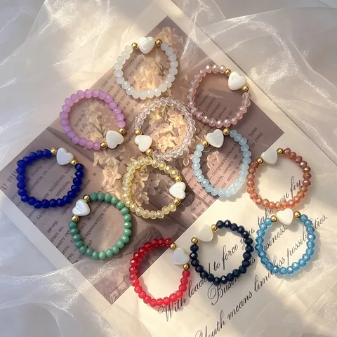 Fresh High End Shell Heart Glass Beaded Ring For Women Elastic Handmade Trendy Crystal Finger Ring Fashion Jewelry Accessory Gift