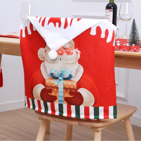 Christmas Chair Cover Santa Claus Snowman Reindeer Printed Brushed Fabric Chair Back Covers For Christmas Dining Room Decor