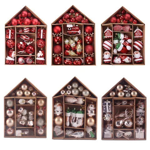 Bolas de Navidad Pintadas Adornos Caja de Regalo Set Forma de Casa Vitrina Para Árbol de Navidad Ventana Decoración Colgante Fiesta