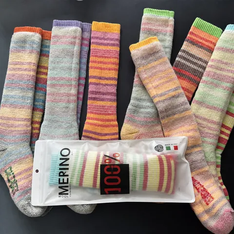 Women Merino Wool Ski Socks Thickened Thermal Long Tube Colorful Striped Outdoor Sports Thermal Socks