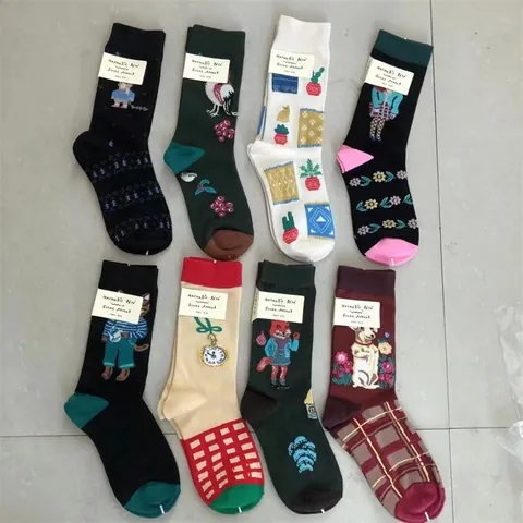 Women's Vintage Cartoon Forest Fairy Tale Cotton Crew Socks Cute Animal Floral Print Casual Socks
