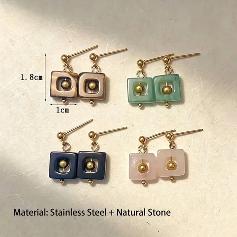 Pendientes de Botón Cuadrados de Piedra Natural Acero Inoxidable Chapado en Oro Cuarzo Rosa Ojo de Tigre Joyería Mujer