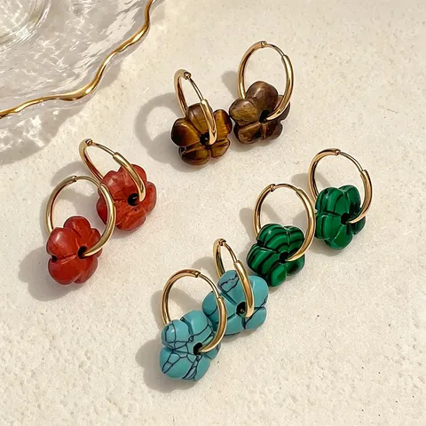 Bohemian Edelstahl Naturstein Blume Creolen Kleines Design Maillard Stil Ohrringe Für Damen Schmuck Geschenk