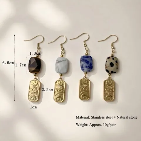 French Vintage Stainless Steel Natural Stone Drop Earrings Square Geometric Evil Eye Sun Moon Dangle Earrings For Women