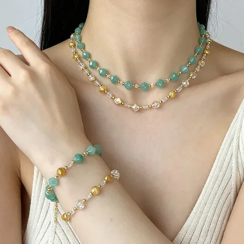 Stainless Steel Natural Stone Beaded Jewelry Set Necklace Bracelet For Women Bohemian Resort Style Fashion Accessory