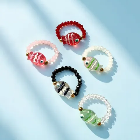 Ocean Vacation Style Handmade Lampwork Fish Beaded Stretch Ring For Women Dopamine Colorful Elastic Finger Ring Jewelry