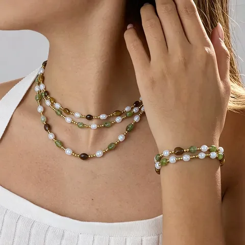 Minimalist Stainless Steel Jewelry Set Freshwater Pearl Natural Stone Mixed Beaded Necklace Bracelet For Women Luxury Niche Jewelry