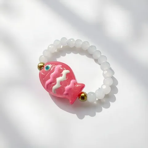 Ocean Vacation Style Handmade Lampwork Fish Beaded Stretch Ring For Women Dopamine Colorful Elastic Finger Ring Jewelry