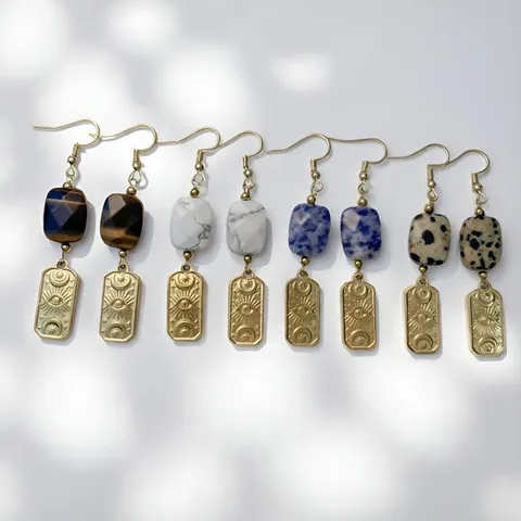 French Vintage Stainless Steel Natural Stone Drop Earrings Square Geometric Evil Eye Sun Moon Dangle Earrings For Women
