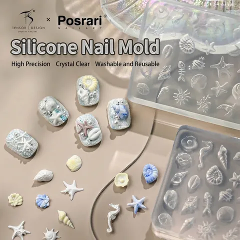 3D Silicone Nail Art Mold Ocean Style Seashell Starfish Seahorse Patterns Washable High Precision DIY Nail Art Decoration Tool