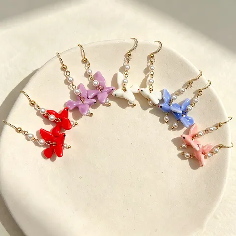 Mori Girl Stainless Steel Ceramic Bird Drop Earrings With Artificial Pearl Tassel Cute Pigeon Animal Ear Hook Jewelry For Women