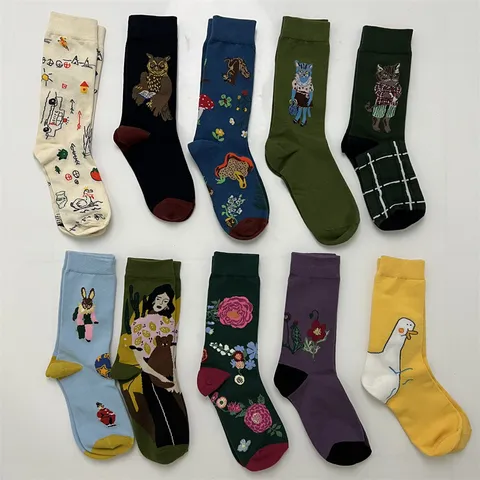 Women's Vintage Cartoon Forest Fairy Tale Cotton Crew Socks Cute Animal Floral Print Casual Socks