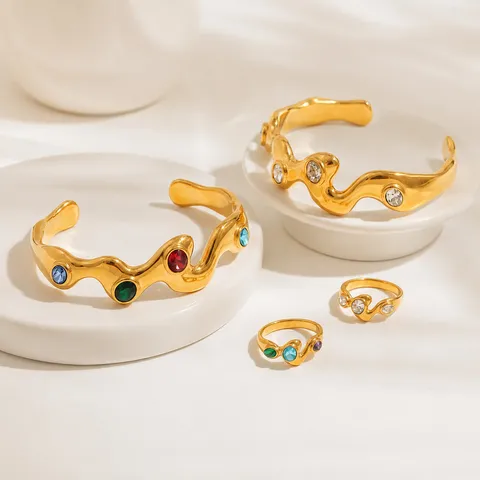 Wavy Ring And Bracelet Set Retro Stainless Steel 18K Gold Plated With Colorful Rhinestones Fashion Finger Jewelry