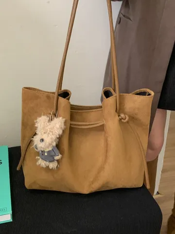 Women Frosted Faux Suede Retro Tote Bag Large Capacity Commuting Shoulder Bag With Inner Pouch Drawstring Solid Bag