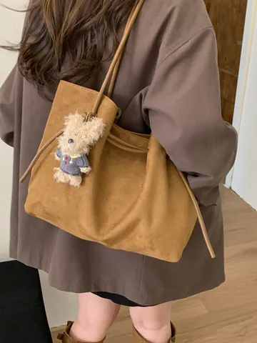 Women Frosted Faux Suede Retro Tote Bag Large Capacity Commuting Shoulder Bag With Inner Pouch Drawstring Solid Bag