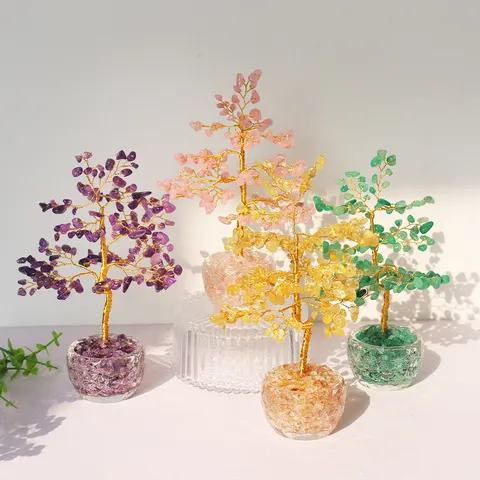 Árbol de la Vida de Cristal Natural Árbol del Dinero Hecho a Mano Alambre de Metal Decoración de Escritorio Hogar Oficina