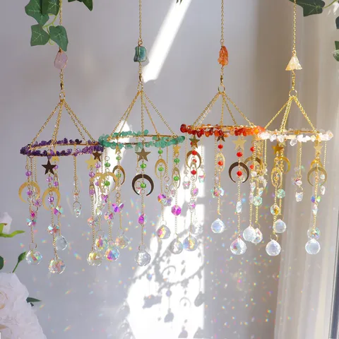 Natürlicher Kristall Sonnenfänger Windspiel Sonne Mond Sterne Hängende Deko Heilstein Lichtfänger Regenbogenmacher Haus Garten Deko