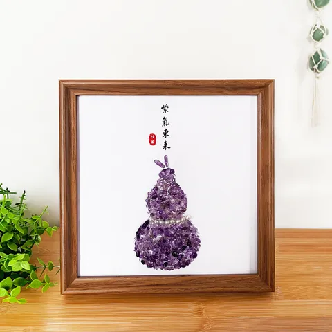 Natural Amethyst Crushed Stone Gourd Decorative Painting Ornament Wood Frame Auspicious Feng Shui Art For Home Living Room Office Desktop