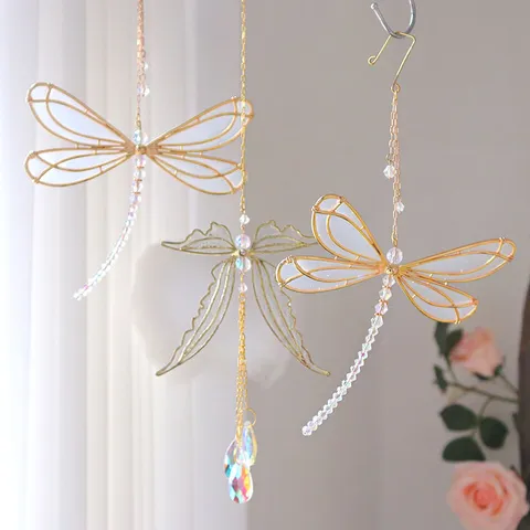 Metal Dragonfly Butterfly Suncatcher K9 Crystal Prism Hanging Decoration Sun Catcher Pendant For Garden Window Balcony Home Decor Gift