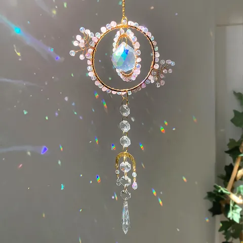 Acchiappasole in Quarzo Rosa Naturale Prisma a Sfera di Cristallo Creatore di Arcobaleni Decorazione Lunare Appesa a Mano per Casa Giardino Finestra Regalo
