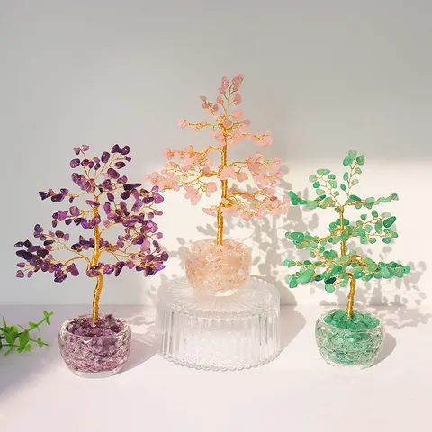 Árbol de la Vida de Cristal Natural Árbol del Dinero Hecho a Mano Alambre de Metal Decoración de Escritorio Hogar Oficina