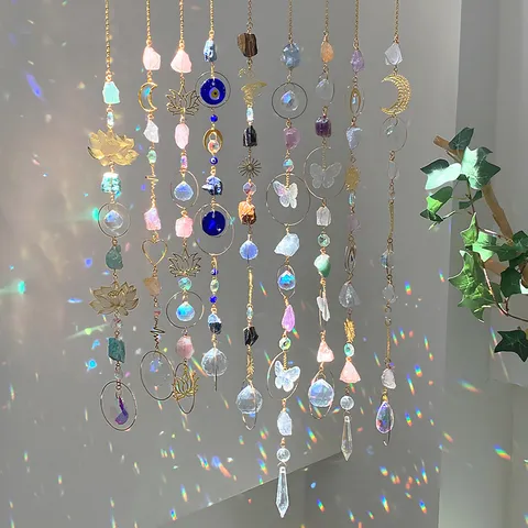 Handmade Natural Crystal Stone Suncatcher Wind Chime Dreamy Rainbow Maker Moon Lotus Hanging Ornament For Home Garden Decor