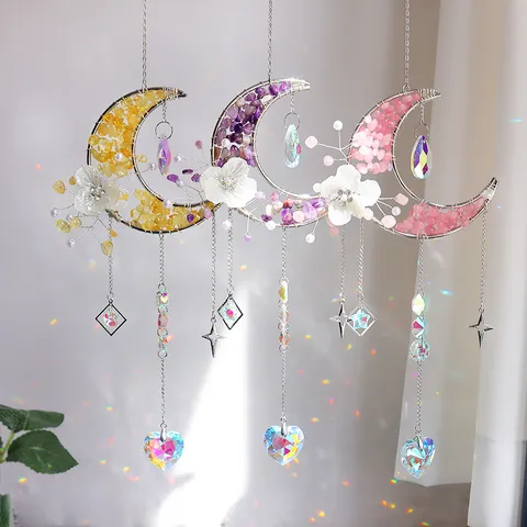 Flower Moon Natural Stone Crystal Suncatcher Moon Shape Hanging Ornament Rainbow Prism Maker Bohemian Home Decor Gift