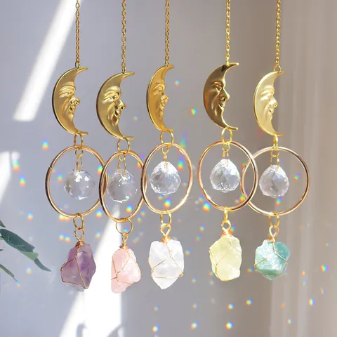 Scacciapensieri di Cristallo con Faccia della Luna Ciondolo Decorativo Prisma in Pietra Naturale Boho Giardino Casa