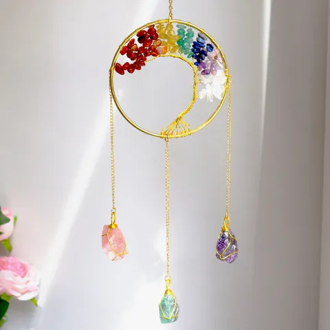Handmade Tree of Life Crystal Sun Catcher Rainbow Natural Stone Hanging Decoration For Home Window Garden Gift Ornament