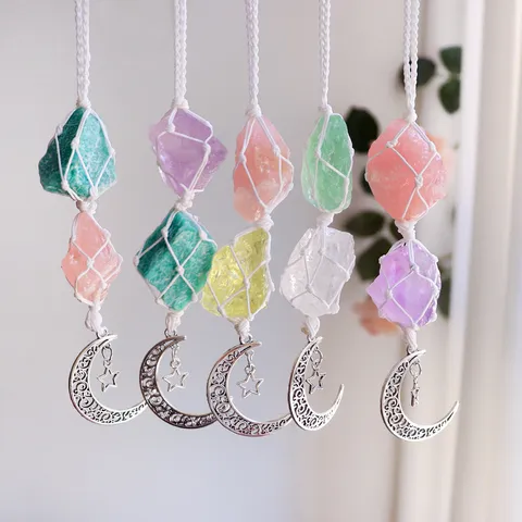 Natural Crystal Raw Stone Hand Woven Hanging Ornament Moon Star Alloy Car Interior Decor Healing Boho Wall Hanging Pendant