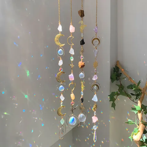 Handmade Natural Crystal Stone Suncatcher Wind Chime Dreamy Rainbow Maker Moon Lotus Hanging Ornament For Home Garden Decor