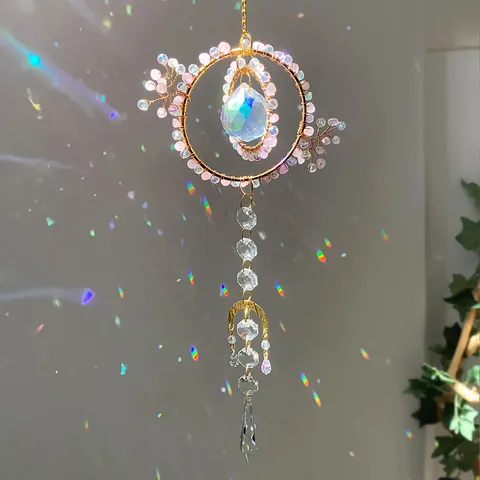 Acchiappasole in Quarzo Rosa Naturale Prisma a Sfera di Cristallo Creatore di Arcobaleni Decorazione Lunare Appesa a Mano per Casa Giardino Finestra Regalo