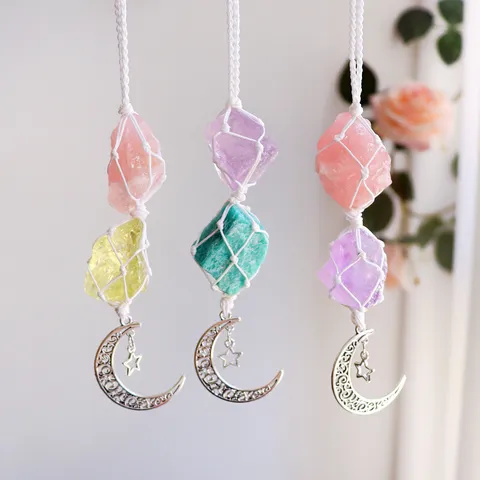 Natural Crystal Raw Stone Hand Woven Hanging Ornament Moon Star Alloy Car Interior Decor Healing Boho Wall Hanging Pendant