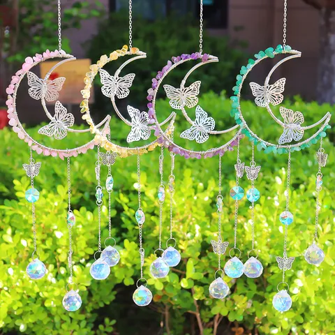 Farfalla Luna Pietra Naturale Cristallo Acchiappasole Decorazione Sospesa Filo Argento Avvolto Sfera di Cristallo Prisma