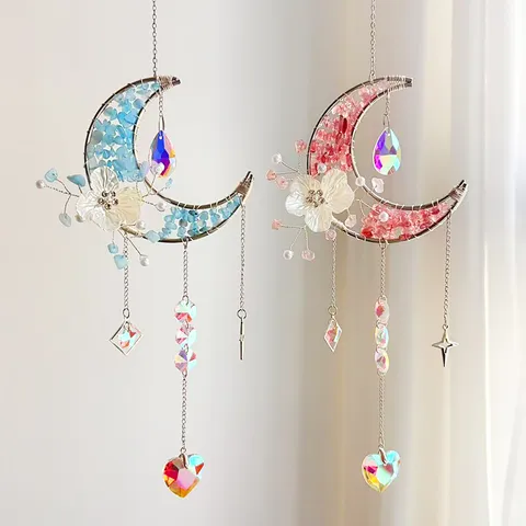 Flower Moon Natural Stone Crystal Suncatcher Moon Shape Hanging Ornament Rainbow Prism Maker Bohemian Home Decor Gift