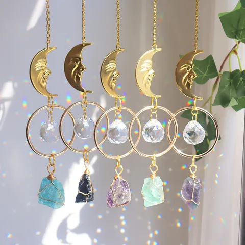 Scacciapensieri di Cristallo con Faccia della Luna Ciondolo Decorativo Prisma in Pietra Naturale Boho Giardino Casa