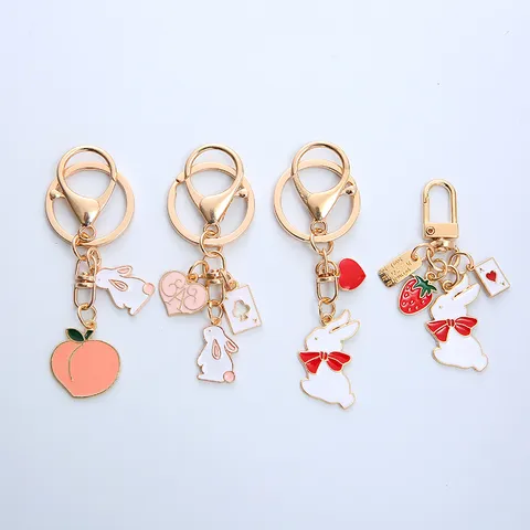 Cute Cartoon Rabbit Peach Keychain Zinc Alloy Enamel Strawberry Heart Bag Pendant Girly Car Keyring Gift For Women Girls