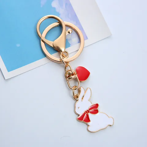 Cute Cartoon Rabbit Peach Keychain Zinc Alloy Enamel Strawberry Heart Bag Pendant Girly Car Keyring Gift For Women Girls